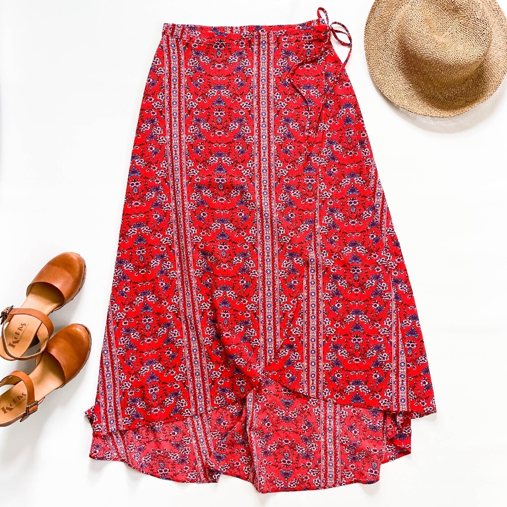 Blue Rain High Low Wrap Red Floral Print Skirt